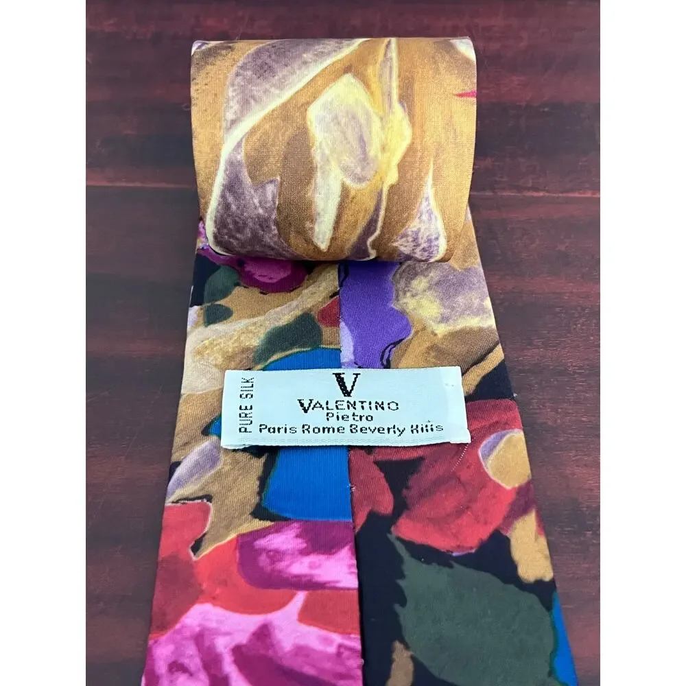 VTG Pietro Valentino Silk Necktie Pink Gold Abstract Bold Floral
